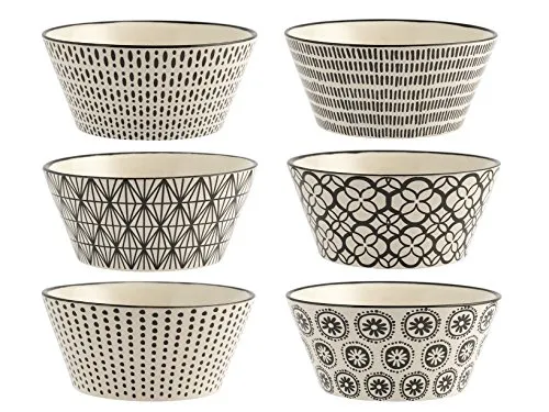 H+H Vhera 6er-Set Schalen – 600 ml – Elfenbein & Schwarz – Steinzeug – Verschiedene Muster – Vielseitig einsetzbar