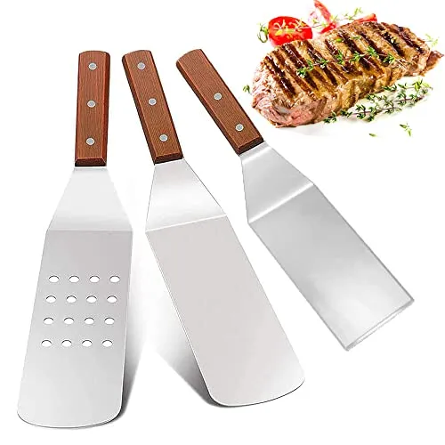 Stück Pfannenwender Edelstahl Set, Grillwender Set Edelstahl, Grillwender Holzgriff, Pfannenwender Metall, Antihaft, Anti-Rost, Holzgriff, für Grill, Küche, Outdoor, Kochen, Teppanyaki 3