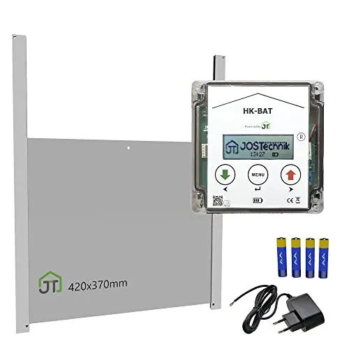 Hühnerklappe HK-BAT Set mit Klappe 420x370mm + Steuerung Anlocklicht - extra breit gemäß Zertifizierungsrichtlinien