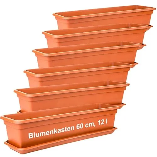 SUSTANIA 2friends Blumenkasten 60cm mit Untersetzer – 6er-Set, Hochwertiger Kunststoff, Terracotta, Made in EU