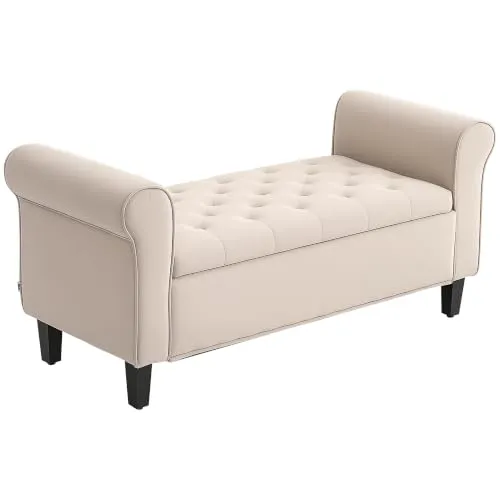 HOMCOM Sitzbank mit Stauraum und Armlehne, Beige, 126 x 48,5 x 57 cm