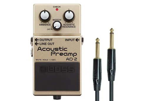 Boss AD-2 Preamp für Akustik-Gitarre mit Kabel - E-Gitarre Preamp Effektgerät mit Acoustic Resonance Technologie für natürlichen Klang, Ambience Effekt in Studioqualität und Notch-Filter gegen Rückkopplungen. Inklusive Kabel.