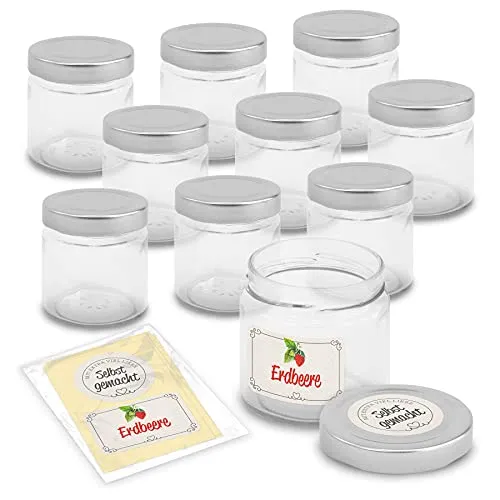 itenga 10x Marmeladengläser rund 212ml und passende Marmeladensticker Erdbeere Landhausstil - Einmachgläser modernes Glas Erdbeermarmelade