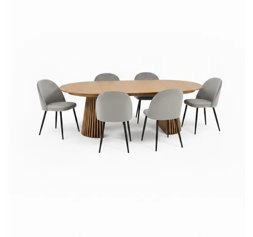 ebuy24 Essgruppe Tokyo mit 6 grauen Stühlen - Essgruppe in Natur mit eleganten grauen Samtstühlen, bietet hohen Komfort und zeitloses Design für eine einladende Essatmosphäre.