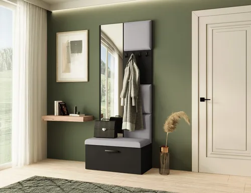 Garderobe MARGARET III – Schwarz/Grau mit Spiegel & Kleiderhaken - Stilvolle Garderobe mit gepolsterten Paneelen, Spiegel und praktischem Schuhschrank. Ideal für kleine Flure, bietet Komfort und Ordnung in einem modernen Design.