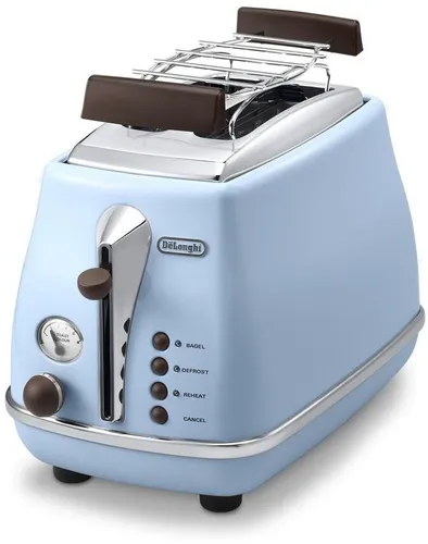 DeLonghi Icona Vintage CTOV 2103.AZ azur Toaster - Retro-Toaster in stilvollem Azurblau mit Brötchenaufsatz und Rezeptbuch, ideal für ein nostalgisches Frühstückserlebnis.