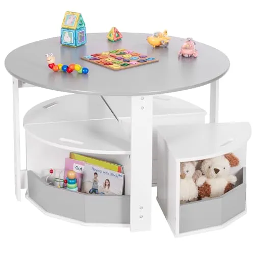 Yorbay Kindertisch mit 4 Stühlen: 5 Teilige Kindersitzgruppe aus Holz mit 4 Stauraumhocker