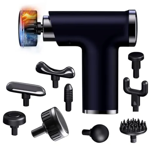 Massagepistole mit Wärmefunktion,mini Massage Gun Wärme und Kälte,3200U/min 13MM 9 Köpfen 3600mAh Akku Elektrisches Handmassagegerät Faszien Tiefengewebe Tragbares für Nacken Rücken Körper Schwarz