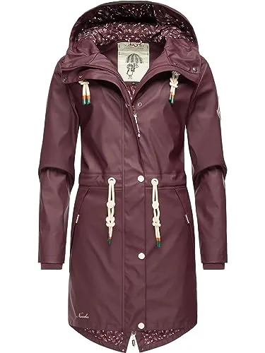 Navahoo Damen Übergangsjacke Tropical Stormoo Wine - Wasserdicht und Stylisch - Funktionsjacken: Modischer, wasserdichter Regenmantel mit Kapuze und schickem floralem Innenfutter, ideal für kalte Übergangstage.