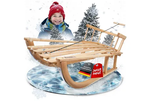 BambiniWelt CE-Holzschlitten mit Rückenlehne – 90 cm Rodel für Kinder