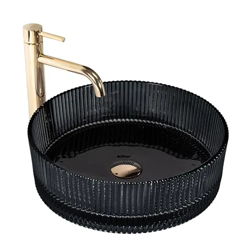 Rea Aufsatzwaschbecken Ingrid Schwarz - Elegantes Handwaschbecken aus Glas (395 x 395 x 120 mm), ideal für moderne Badezimmer. Ohne Hahn- und Überlaufloch, perfekt für minimalistisches Design.