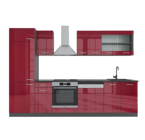VICCO Küche R-Line 300 cm - Hochglanz Küchenzeile in Anthrazit Bordeaux - Küchenzeilen mit hochwertigem Material, variabel aufstellbar und bietet viel Gestaltungsspielraum für Ihr Zuhause.