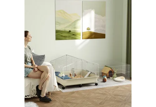 Kleintierkäfig mit Laufstall für Kaninchen - Käfige, Auslauf & Gehege - Geräumiger Kleintierkäfig mit Wasserflasche, ideal für artgerechte Haltung und viel Platz zum Spielen.