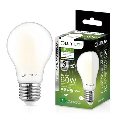 Lumiled A60 E27 LED Lampe, 4W (ersetzt 60W), 840 Lumen Leuchtmittel, 4000K neutralweiß Birnen Lampen, Nicht Dimmbar, Glas, 360° Grad Strahlwinkel Energiesparlampe Tropfen