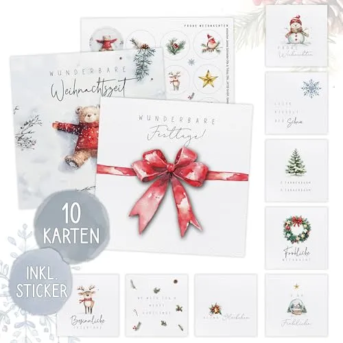 TOBJA XXL Weihnachtskarten Set mit Stickern - 10 große festliche Weihnachtskarten (14,8 x 14,8 cm) in verschiedenen Designs, inkl. Stickerbogen. Postkarten Weihnachten im edlen Stil. (10 Stück im Set)