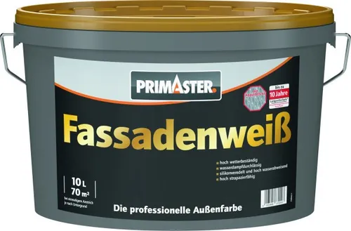 Primaster Fassadenweiß 10 L – Hochwertige Fassadenfarbe - Fassadenfarbe, wetterfest und atmungsaktiv, ideal für langlebigen Schutz und ansprechende Optik Ihrer Außenwände.