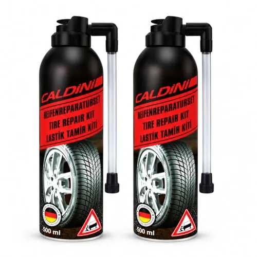 Caldini Reifendichtmittel 2 x 500 ml, Reifenpannenspray für Auto, Motorrad, Fahrrad und Wohnmobil, repariert und pumpt Platte Reifen auf, sofortige Pannenhilfe, einfach und zuverlässig