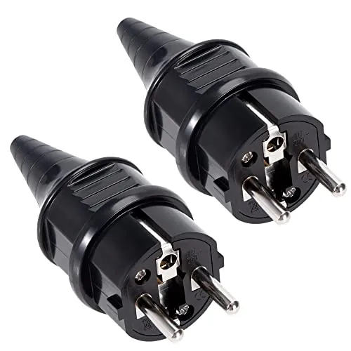 GUNGY Schutzkontakt Stecker mit Knickschutztülle Schuko Stecker Aussenbereich Stromstecker 250V 16A IP44 Spritzfest 2-polig für 6-16mm Kabel Schwarz 2 Stück