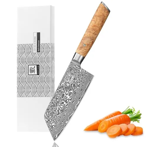 zayiko Kinone Premium Nakirimesser mit 16 cm Klinge gefertigt aus 67 Lagen echtem Damaststahl mit Wurzelholzgriff Birke I Damastmesser Küchenmesser und Profi Kochmesser