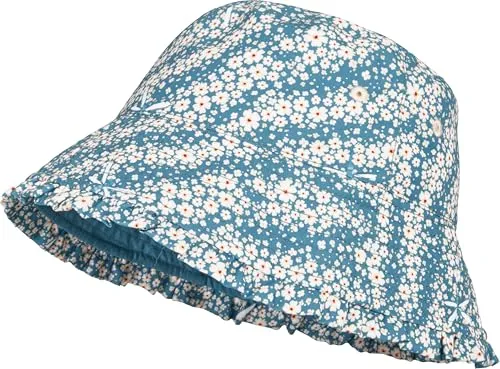 Playshoes Unisex Kinder Wendehut Sonnenhut, Petrol Blümchen, 53 - Outdoor Hüte für Mädchen mit UV-Schutz 50+, wendbar und ideal für Sonne und Wasseraktivitäten, aus schnelltrocknendem recyceltem Polyester.
