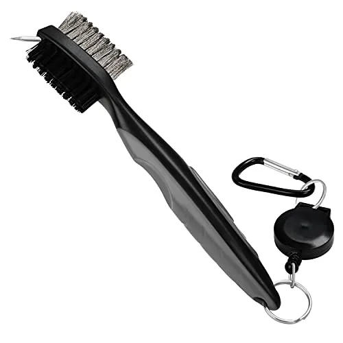 K&V GOLF Einziehbare Graue & Schwarze Golfschläger Bürste mit Rillenreiniger - 60 cm Aluminium Karabiner - Ergonomischer Gummigriff - Geschenk für Golfer 2 Bürsten & Groove Golf Zubehör Reinigungs Set