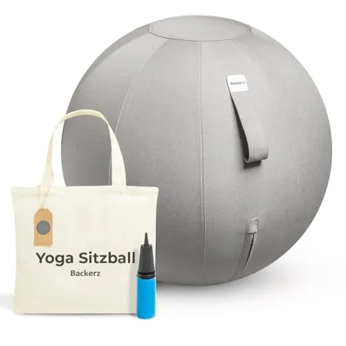Backerz Sitzball Büro Ergonomisch 75 cm, Ergonomische Sitzmöbel für Büro und Heimbüro, Langlebiger Stoff, Gymnastikball - Fitness-Ball, Ballstuhl mit Ballauflage - Waschbarer Leinenbezug - Hellgrau
