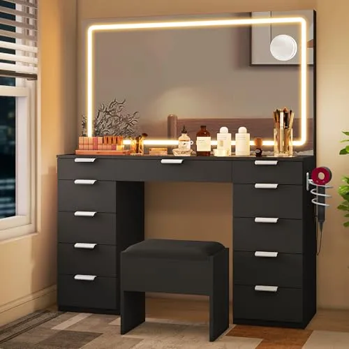 YITAHOME Schminktisch mit LED-Beleuchtung, 3 Farben mit Einstellbarer Helligkeit, Frisiertisch mit Spiegel für Make-up, Kosmetiktisch mit Steckdose, 11 Schubladen, Modern, schwarz