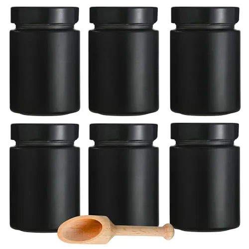mikken 6 schwarze Gewürzgläser 190 ml, Einmachgläser mit Schraubdeckel inkl. einer Gewürzschaufel