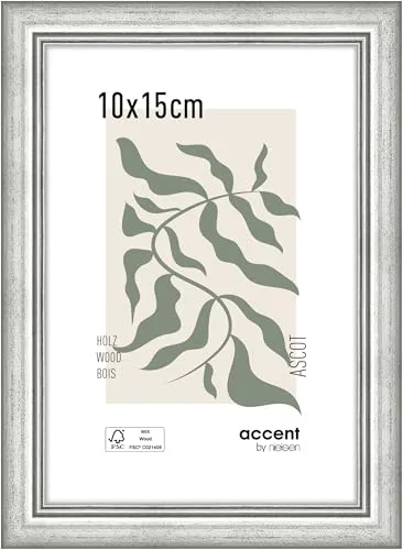 accent by nielsen Bilderrahmen, 10 x 15 cm, Holz, Silber, Fotorahmen zum Auftstellen und Aufhängen im Hoch- & Querformat, Echtglas, Ascot