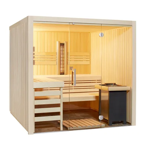 Infraworld Sauna Panorama Complete 210x210cm mit ABC-Strahler - Geräumige Saunakabine für entspannende Momente, ausgestattet mit einem innovativen ABC-Strahler für angenehme Wärme und Wohlbefinden.