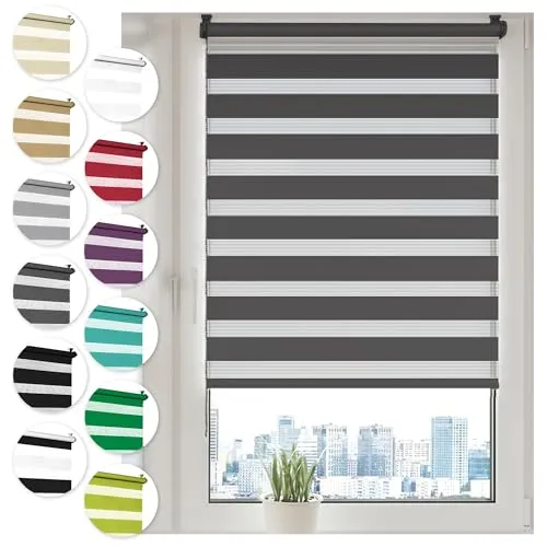 Doppelrollo Klemmfix ohne Bohren 70cm x 130cm Anthrazit Duo Rollo Klemmrollo Sonnenschutzrollo Fensterrollo für Fenster & Türen Zebrarollo Seitenzugrollo
