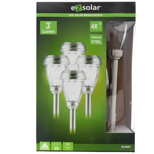 ez solar 4er Set LED Solar-Wegeleuchte – Rostfreier Edelstahl, 3 Lumen - Praktisches 4er Set LED Solar-Wegeleuchten aus rostfreiem Edelstahl. Mit langlebigen NiMH Akkus für bis zu 8 Stunden Licht. Ideal für die stilvolle Beleuchtung von Wegen und Gärten.