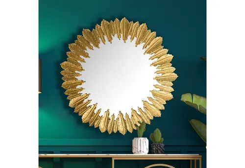 KADIMA DESIGN Wandspiegel Federn 68 cm - Eleganter Hängespiegel in Gold - Moderner runder Spiegel mit handgefertigtem Federkranz aus lackiertem Eisen. Ideal für Flur oder Wohnzimmer, 68 cm Durchmesser, einzigartiges Design, das jedem Raum Stil verleiht.
