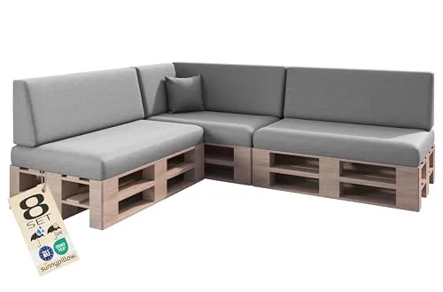 sunnypillow Palettenkissen 8er Set - UV-beständig und pflegeleicht - Polster für Stühle & Sessel, ideal für Innen- und Außenbereich mit wasserabweisendem, hautfreundlichem Bezug und dickem Kaltschaum für höchsten Sitzkomfort.