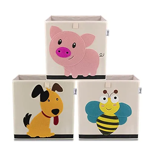 LIFENEY Aufbewahrungsbox im 3er Set Hund, Biene und Schwein I Dreierpack Spielzeugbox mit Tiermotiv passend für Würfelregale I Ordnungsbox für das Kinderzimmer I Aufbewahrungskorb Kinder