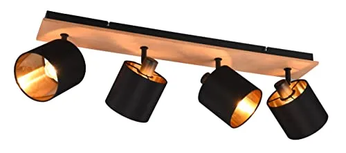 Reality Leuchten Strahler Tommy R81334030 - 3-flammiger Spotbalken in Schwarz mit Holzdekor und Stoffschirmen, ideal für stilvolle Akzentbeleuchtung in jedem Raum.