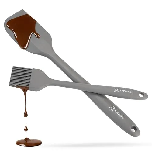 Backefix Silikon Teigschaber 28cm & 22cm Backpinsel Silikon Backutensilien Set | Teigspachtel & Küchenpinsel mit Edelstahlkern zum Kochen, Backen & Grillen | wertig, BPA-frei, lebensmittelecht, grau