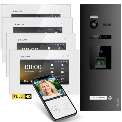 Balter Video-Türsprechanlage HD - Komplettset mit Fingerprint und RFID - Haus-Alarmanlagen mit 4x 7-Zoll-HD-Monitoren, Full HD-Kamera und App-Steuerung für maximale Sicherheit und Komfort in Ihrem Einfamilienhaus.