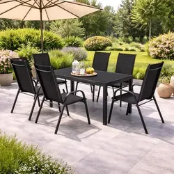 7-tlg Gartengarnitur Non-Wood 150x90cm - Loungemöbel & Sitzgruppen, stapelbare Aluminium-Gartenmöbel in modernem Anthrazit, ideal für entspannte Stunden im Freien.