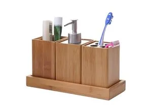 MCW Badset B85 4-teilig - Badhelfer Set aus hochwertigem Bambus, inklusive Seifenspender, Zahnbürstenhalter, Zahnputzbecher und Untersetzer – stilvoll und wasserresistent für ein modernes Badezimmer.