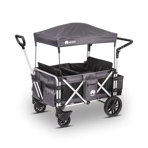 Produktbild elvent® FamilyStar 4 Sitzer Bollerwagen | Handwagen faltbar mit Dach I Sitzpolster, Hecktasche, Feststellbremse, PU-Reifen, 5-Punkt-Gurte für 4 Kinder, Teleskop-Zugstange