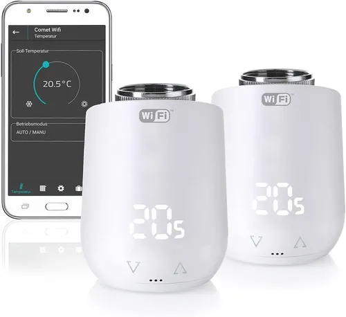 EUROtronic Heizkörperthermostat Comet WIFI 700233 2er Set - Thermostate mit WLAN-Steuerung für effiziente Heizkostensenkung, App-gesteuerte Heizprofile und automatische Fenster-offen-Erkennung.