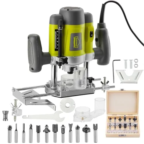 DEWINNER Elektronik Oberfräse Fräser 1200W,Ø 6 und 8 mm,Parallelanschlag,Drehzahlregelung, Absaugadapter, Set 12-teilig,für Holzbearbeitung