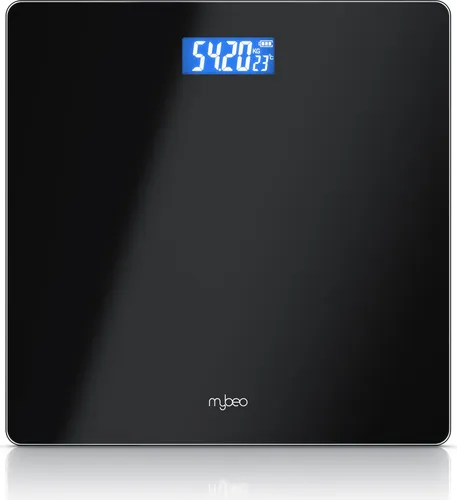 MyBeo Personenwaage digital, Waage, große Sicherheitsglas Trittfläche, Temperaturanzeige, Badezimmer Digitalwaage, schmales Design, max. Belastung über 150 kg