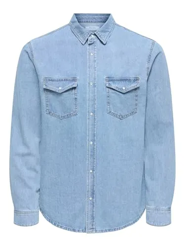 ONLY SONS Herren Freizeit Hemd ONSBANE Denim - Regular Fit in Medium Blue, 100% Baumwolle für einen trendigen Look und vielseitige Kombinationsmöglichkeiten