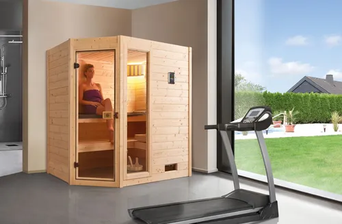 Weka Massivholzsauna VALIDA Eck 1 Sparset mit Glastür - Sauna aus hochwertigem Massivholz, ideal für entspannende Wellnessmomente und platzsparende Ecklösung.