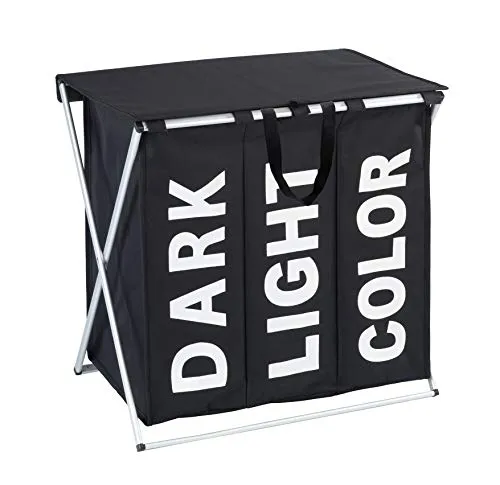 WENKO Wäschesammler Trio Top - Wäschebox mit 3 Fächern und 118 Litern Volumen, ideal zum Vorsortieren von Wäsche und schützt vor Staub. Praktische Tragegriffe und modernes Design.