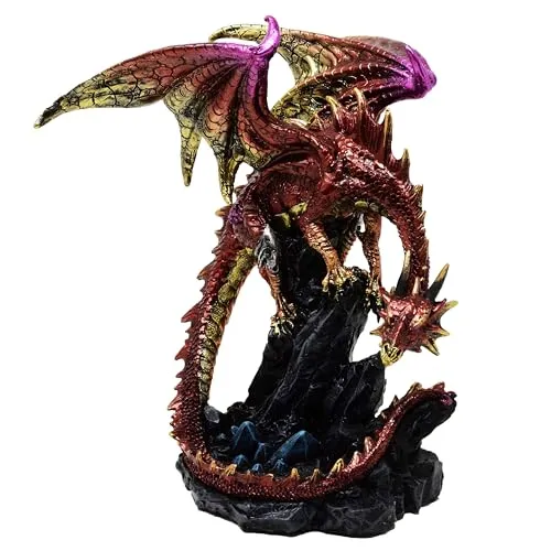 MystiCalls Bunter Drache auf Fels - Fantasy Figur - Detaillierte, handbemalte Drachenfigur auf Fels, ideal für Fantasy-Liebhaber. Höhe ca. 21 cm, Breite ca. 19,5 cm. Ein einzigartiges Geschenk für Sammler und Drachenfans.