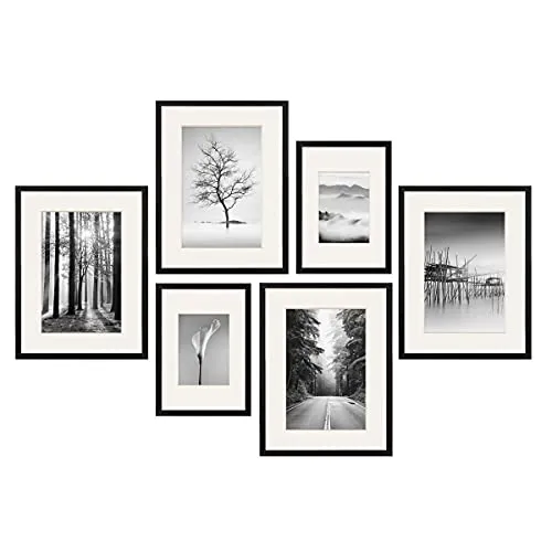 PHOTOLINI Bilderrahmen 6er Set Modern Schmal - Einzelrahmen, stilvolles 6er Set in Schwarz mit Passepartout, ideal für kreative Wandgestaltung und Schutz Ihrer Bilder.
