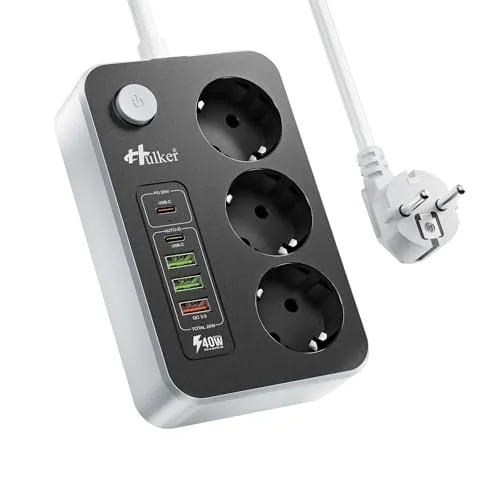 Steckdosenleiste mit PD 20W USB-C-Anschlüssen, Hulker 3 Fach Mehrfachsteckdose mit 5 USB, Steckerleiste mit 2M Verlängerungskabel für Homeoffice Büro